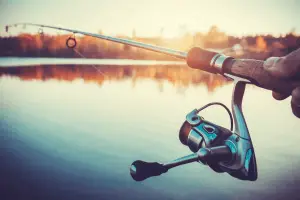 Hand with spinning and reel in the evening sun
