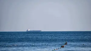 A ship at sea on a roadstead and a fishing net