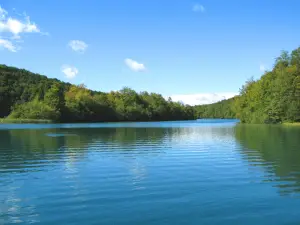 Idyllic mountain lake for fishing with a spinning reel