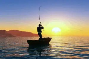 Man fishing in a boar with sun in the background