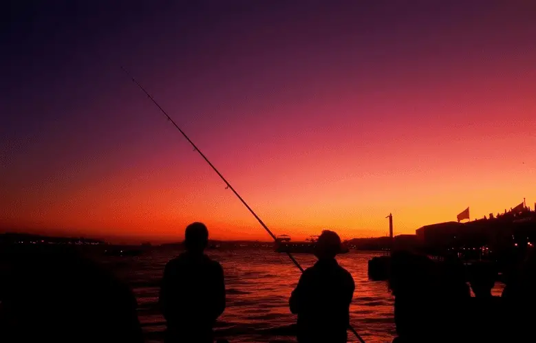 group of people fishing at sunset