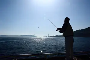 man fishing by the shore on a sunny day