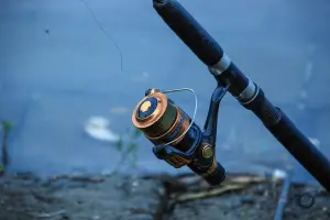 fishing reel and rod next to a lake