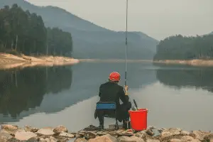 man fishing from the lake shore