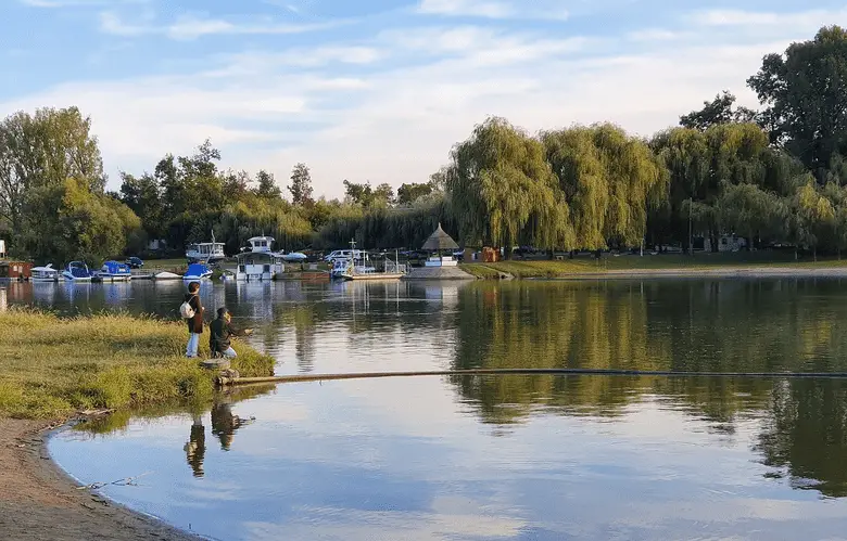 two fishermen fishing by the lake