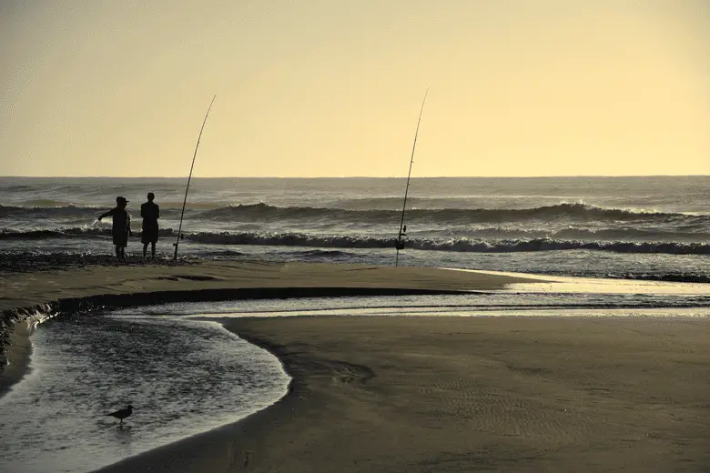 anglers fishing from the sea shore at sunset