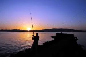 angler fishing from the shore at beautiful sunset