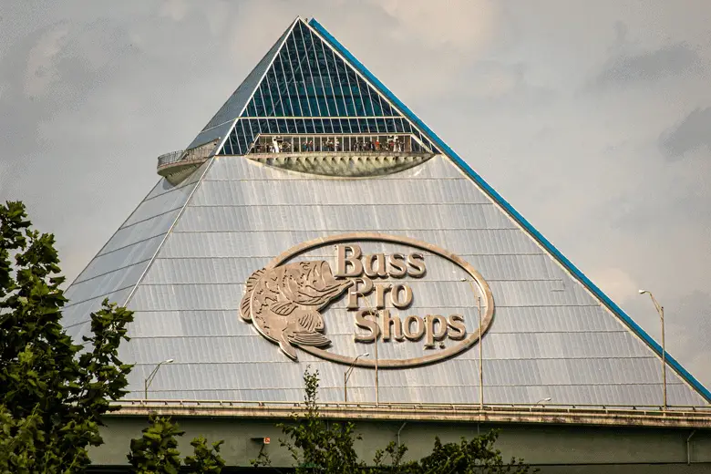 close up shot of the bass pro shop logo on the bass pro pyramid