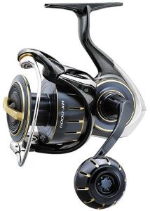 A Daiwa spinning reel with a black and gold design on a white background.