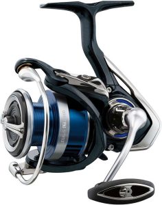 A blue and silver handle on a Daiwa spinning reel.