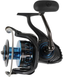 A black spinning reel with a Daiwa handle.
